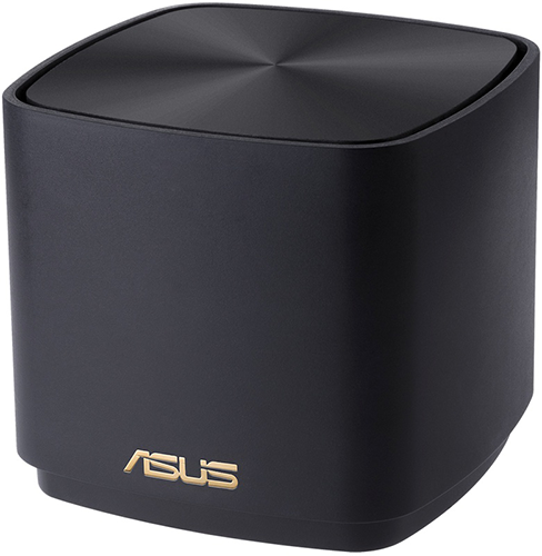 A black ASUS router, a small cube with a flat top and gold logo.