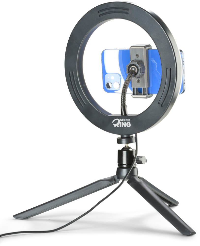 Zwarte ringlamp met telefoon, statief, witte achtergrond, productfoto.
