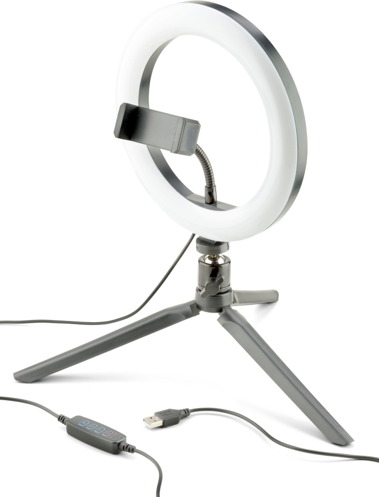 Ringlicht op een statief met een telefoonhouder. Het heeft een bedieningspaneel en een USB-kabel.