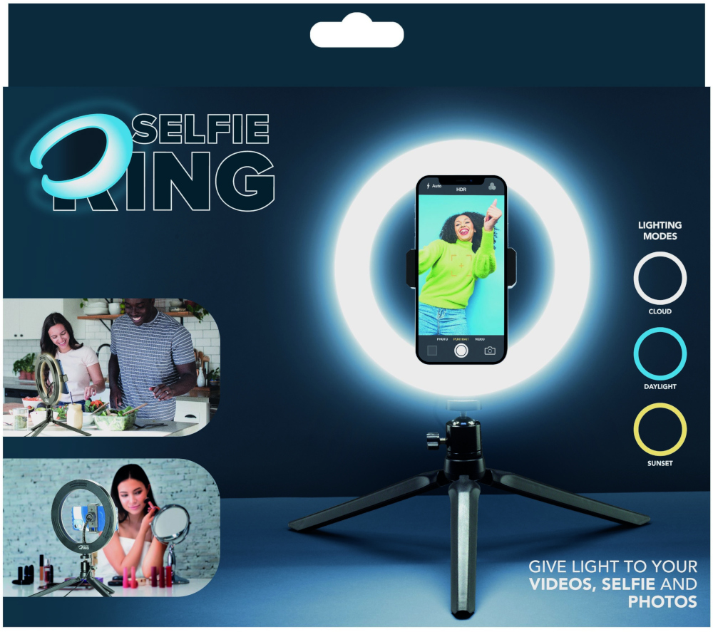 Selfie ringlicht doos met afbeeldingen die het product in gebruik tonen met verschillende modi.