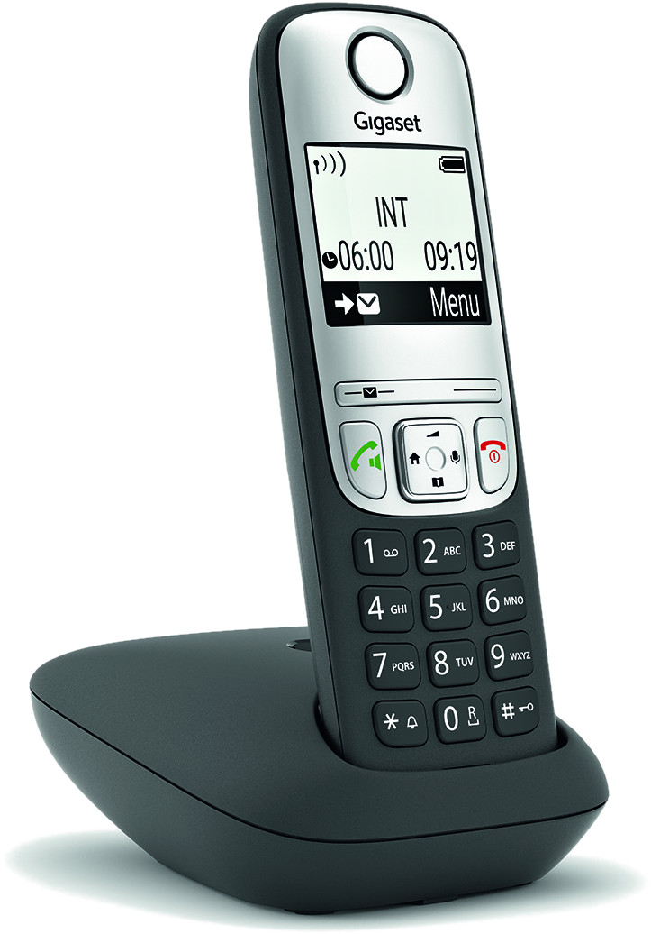 Téléphone sans fil Gigaset noir avec un écran affichant INT et une horloge.