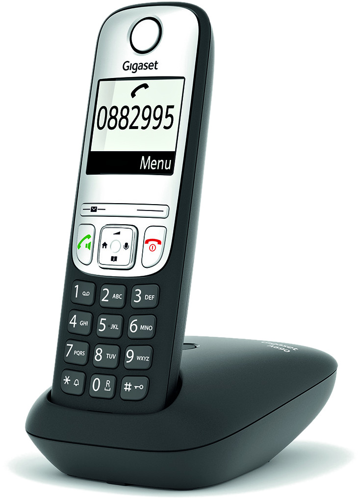 Téléphone Gigaset sans fil noir avec écran et base.