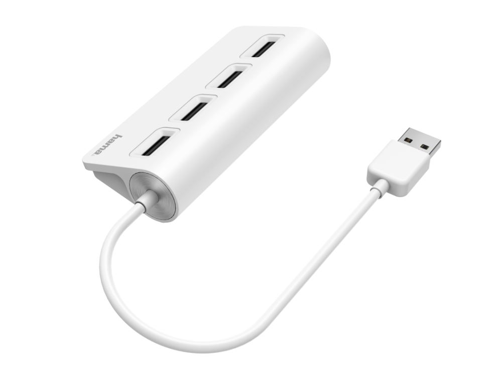 Hub USB blanco con cuatro puertos, conectado a cable USB blanco. Fondo negro.