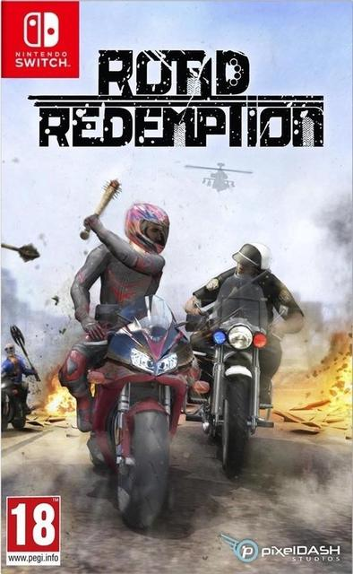 Couverture du jeu. Motocyclistes sur la route, un balançant une batte, moto de police, hélicoptère en arrière-plan.