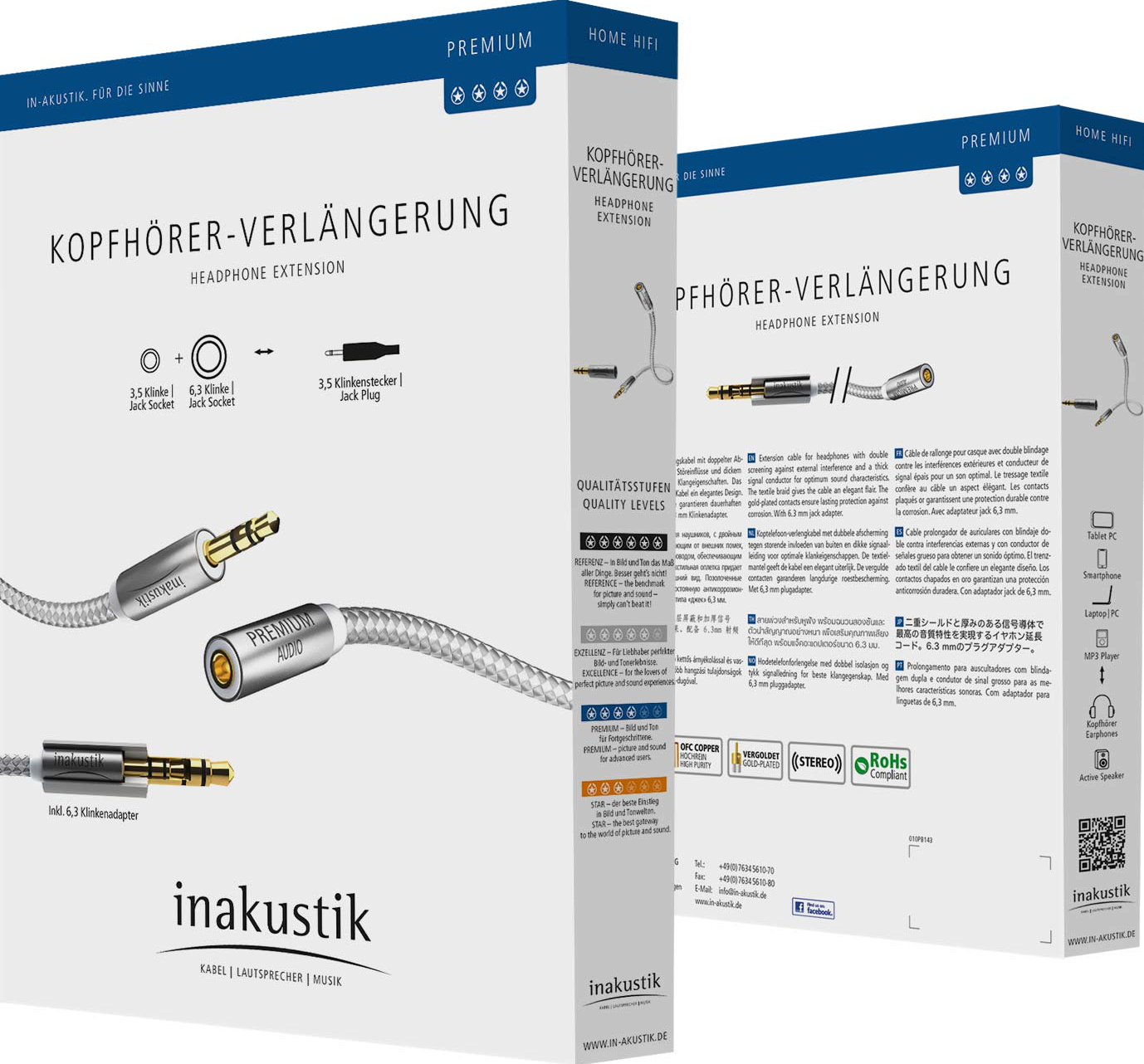 Kopfhörer-Verlängerungskabel mit mehreren Kartons.