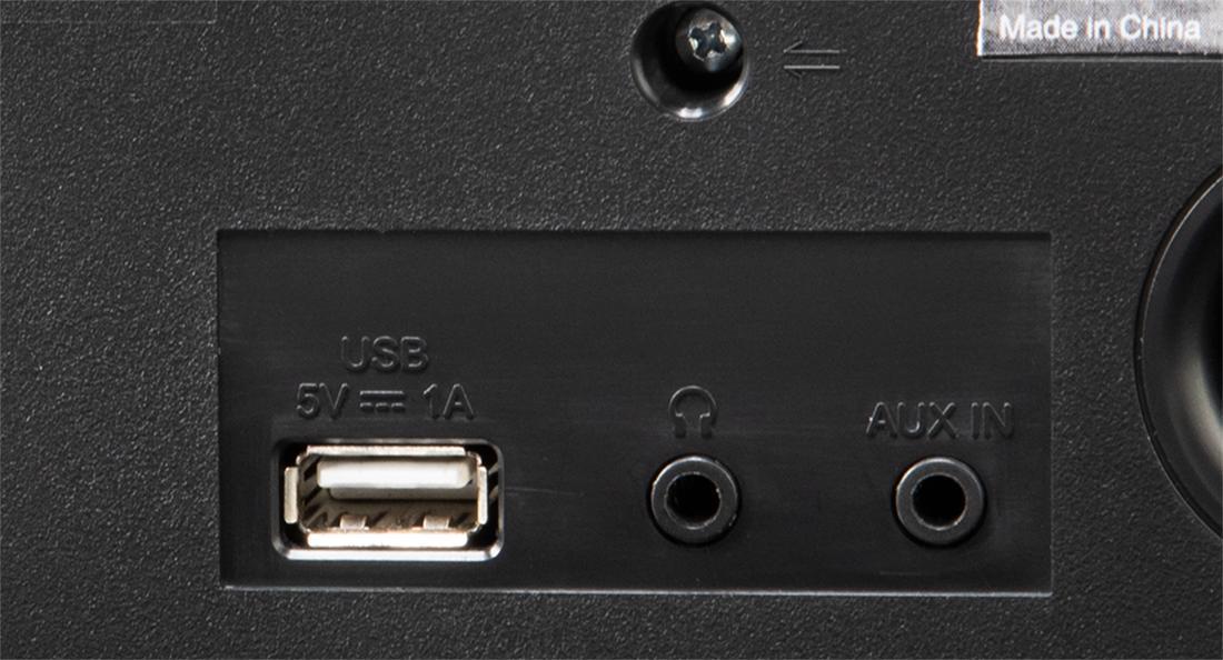 Close-up of the back panel of a black device, with USB, aux, and headphone ports.