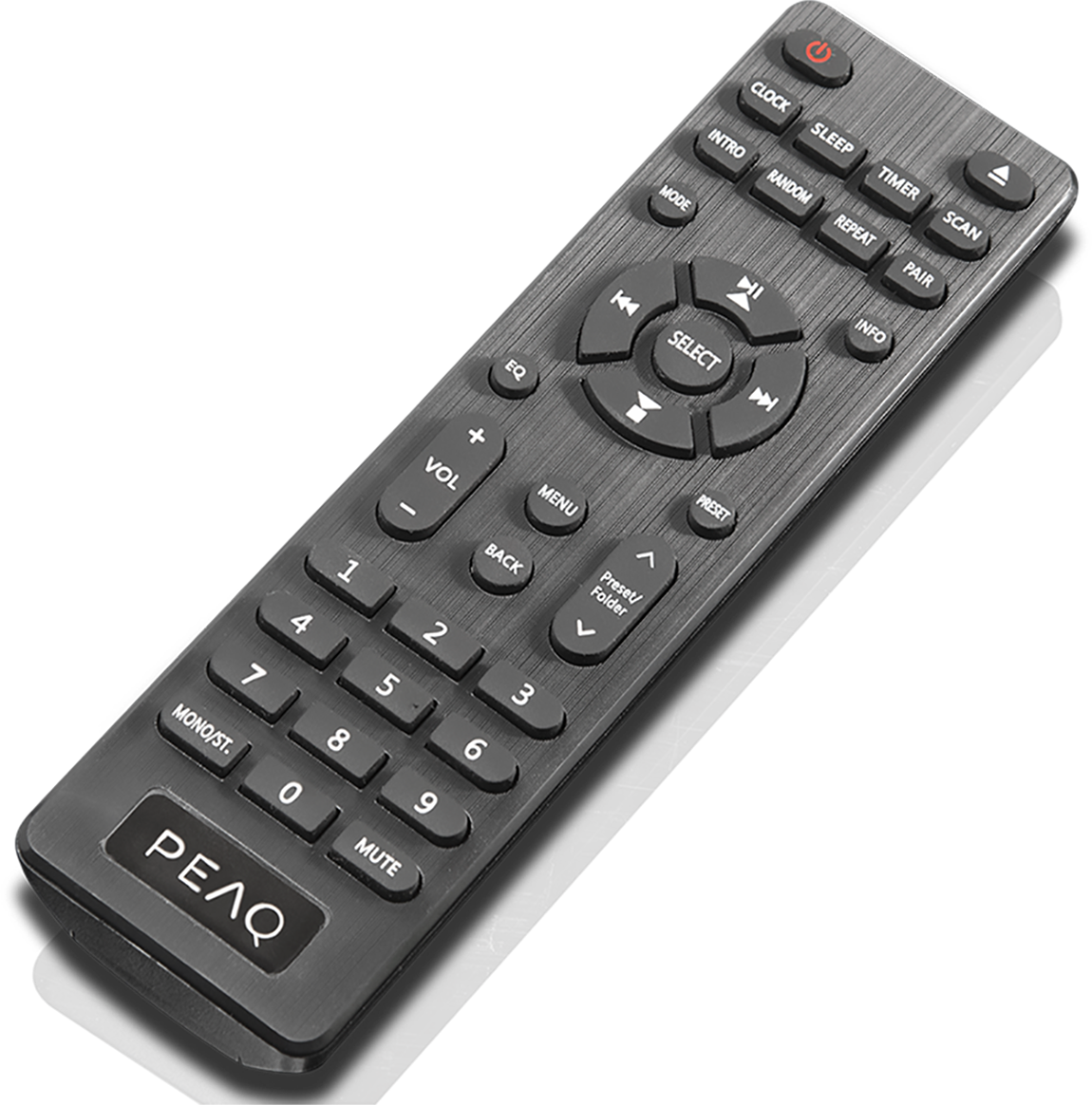 A gray remote control with many buttons.