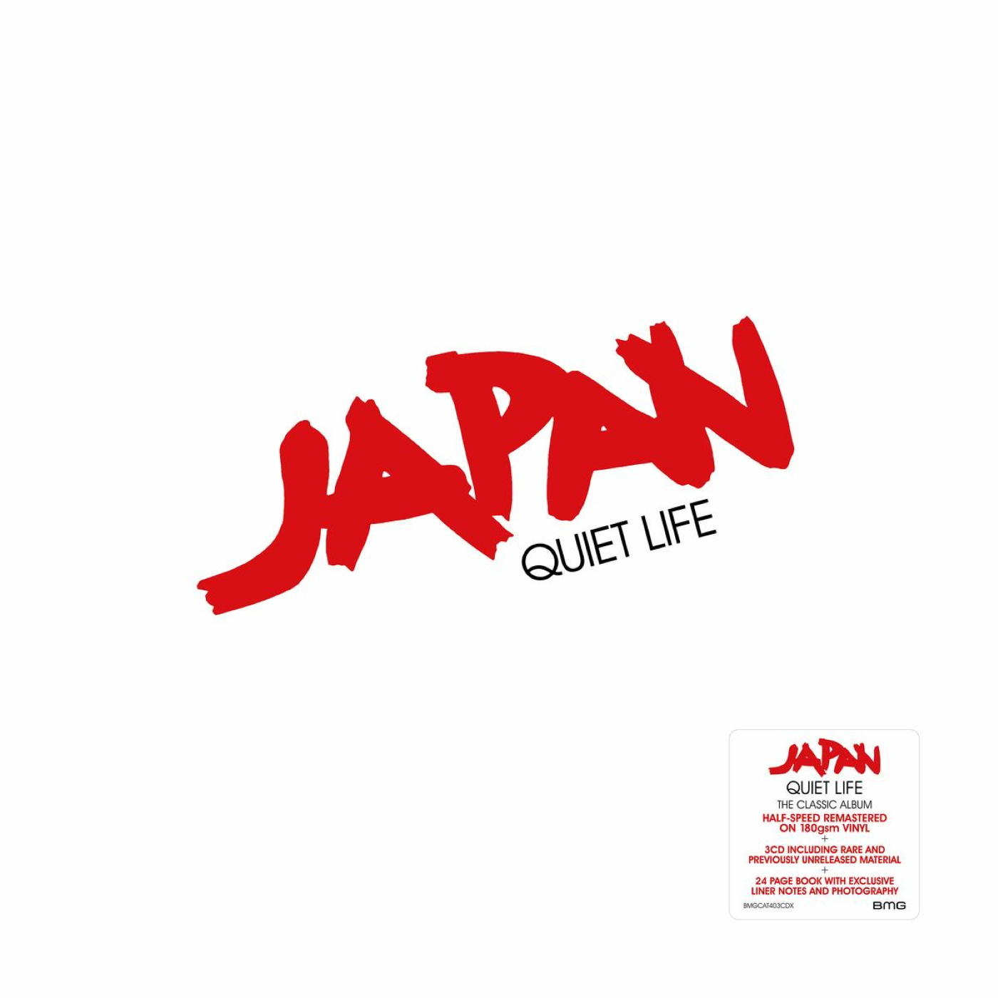 Pochette d'album avec le mot 'Japan' en rouge et 'Quiet Life' en dessous sur fond blanc.
