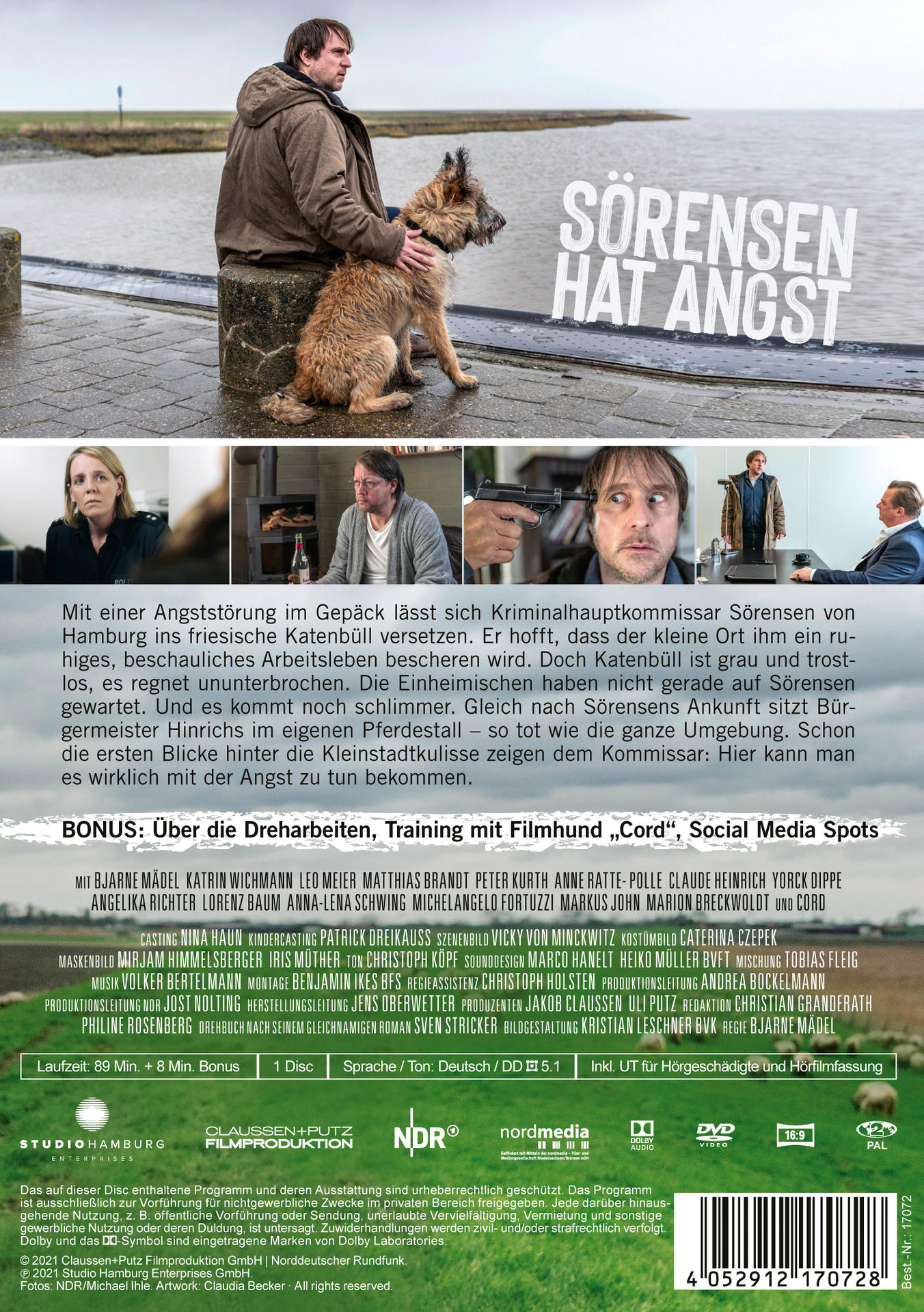 Rückseite einer DVD-Hülle mit Text und Bildern zum Film 'Sörensen Hat Angst'.
