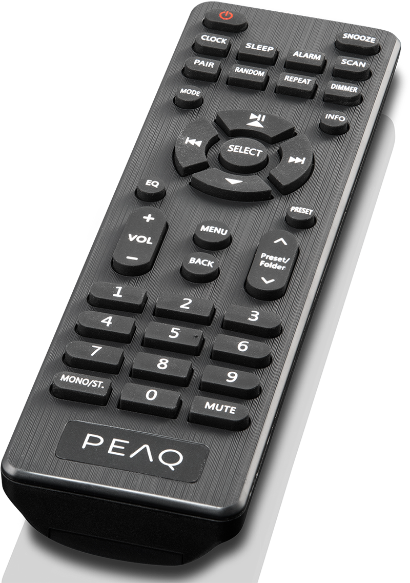 A black remote control with multiple buttons, including power, volume, and channel selection.