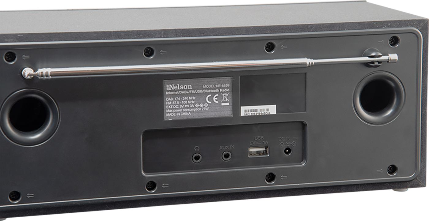 Black radio back with antenna and ports.