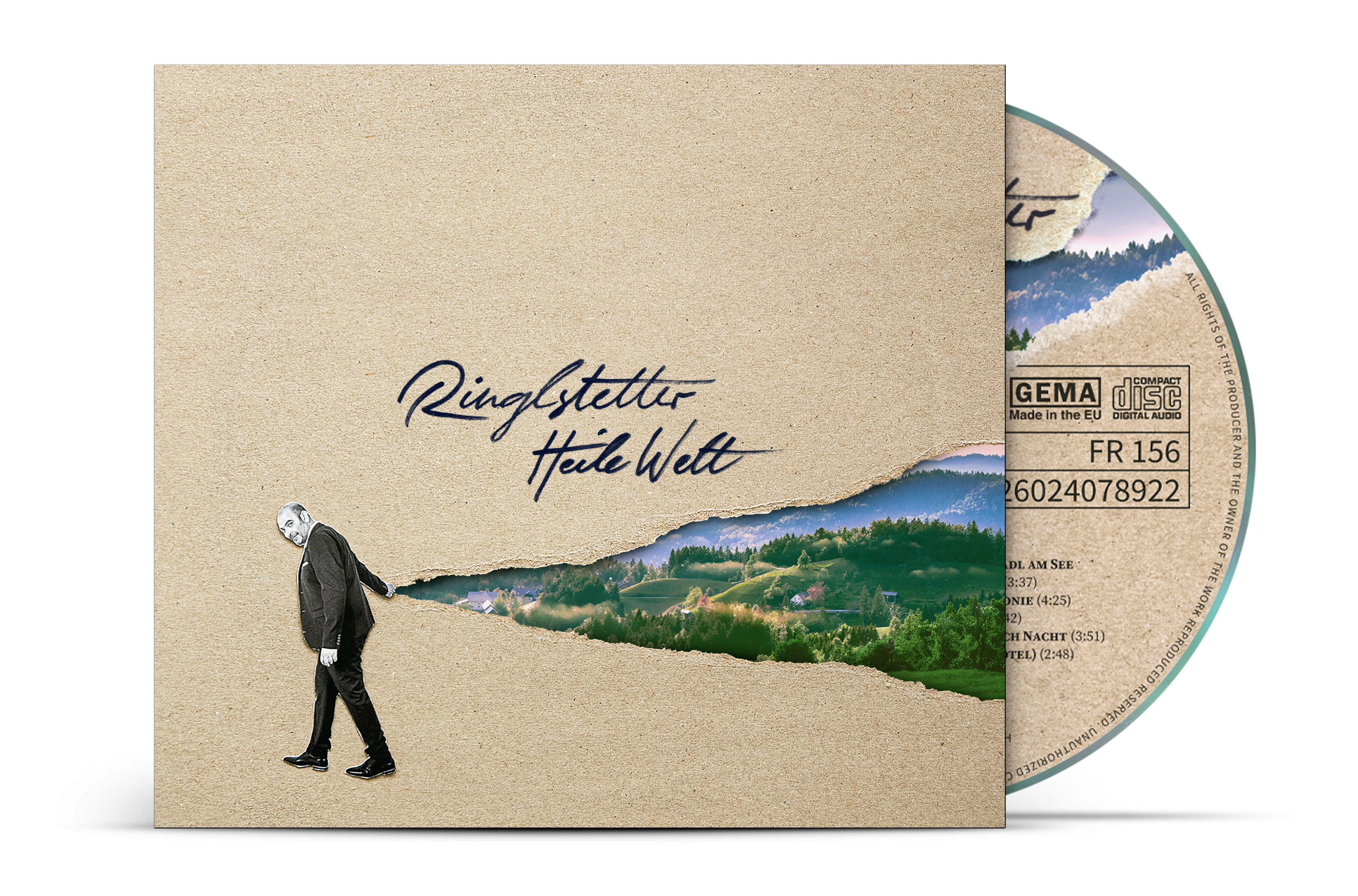 Albumcover mit einem Mann, der Papier abreißt.