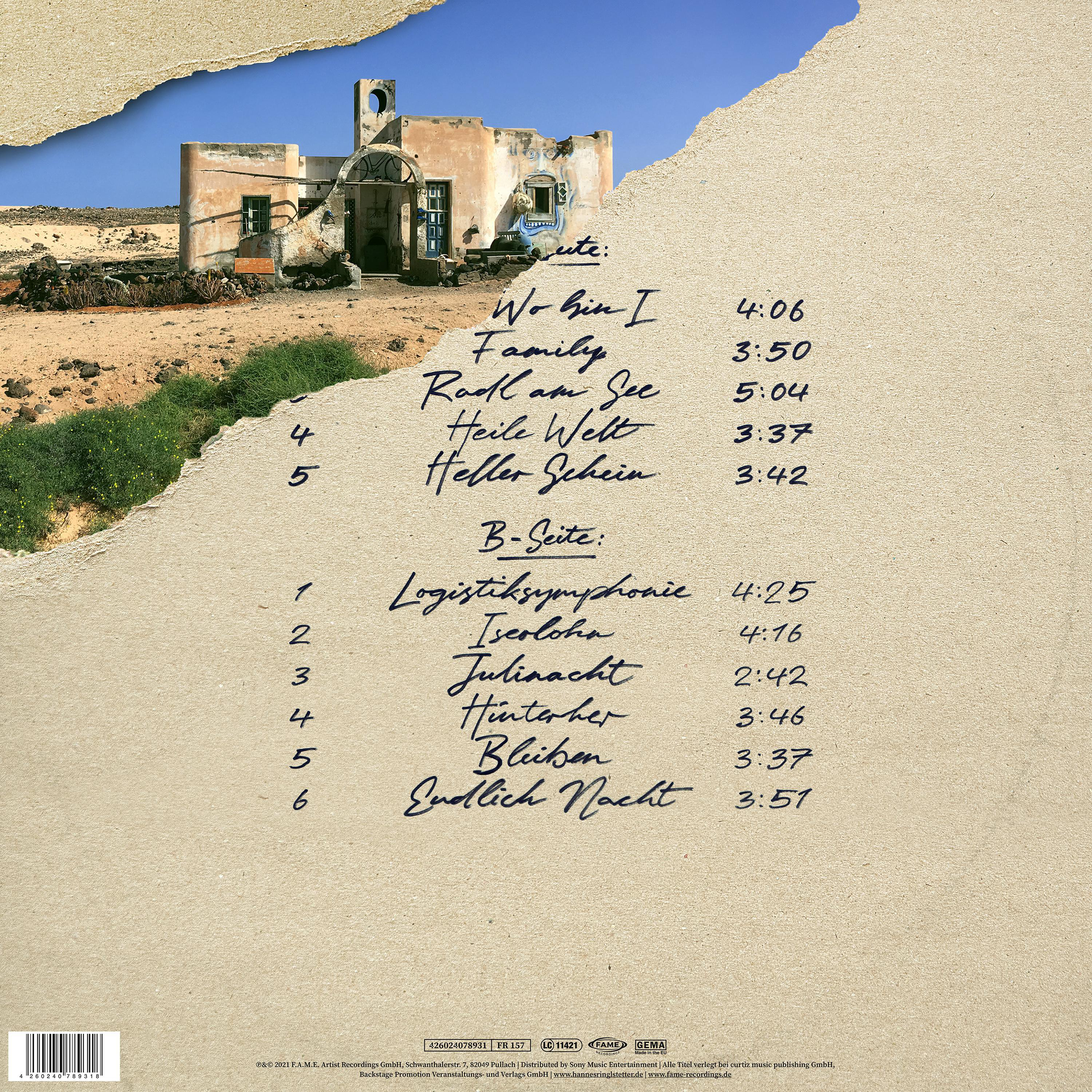 Albumcover mit Gebäude auf einer Wüsteninsel, Songtiteln und Timings. Zerrissenes Papier zeigt blauen Himmel.