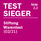 Test Sieger Logo, pinker Hintergrund, weißer Text, Bewertung 2,2. Stiftung Warentest.