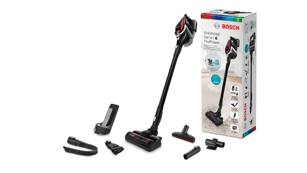 Bosch Staubsauger und Zubehör auf weißem Hintergrund. Die Box ist rechts.