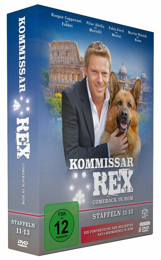 DVD-Box-Set von 'Kommissar Rex' mit einem Mann und einem Hund vor einem römischen Gebäude.