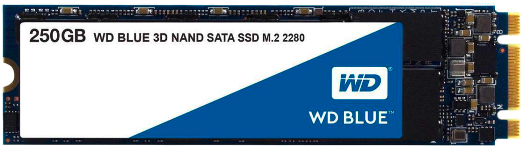 SSD WD Blue 250 Go M.2. Le SSD est bleu avec une étiquette blanche et bleue. Le logo WD est visible.