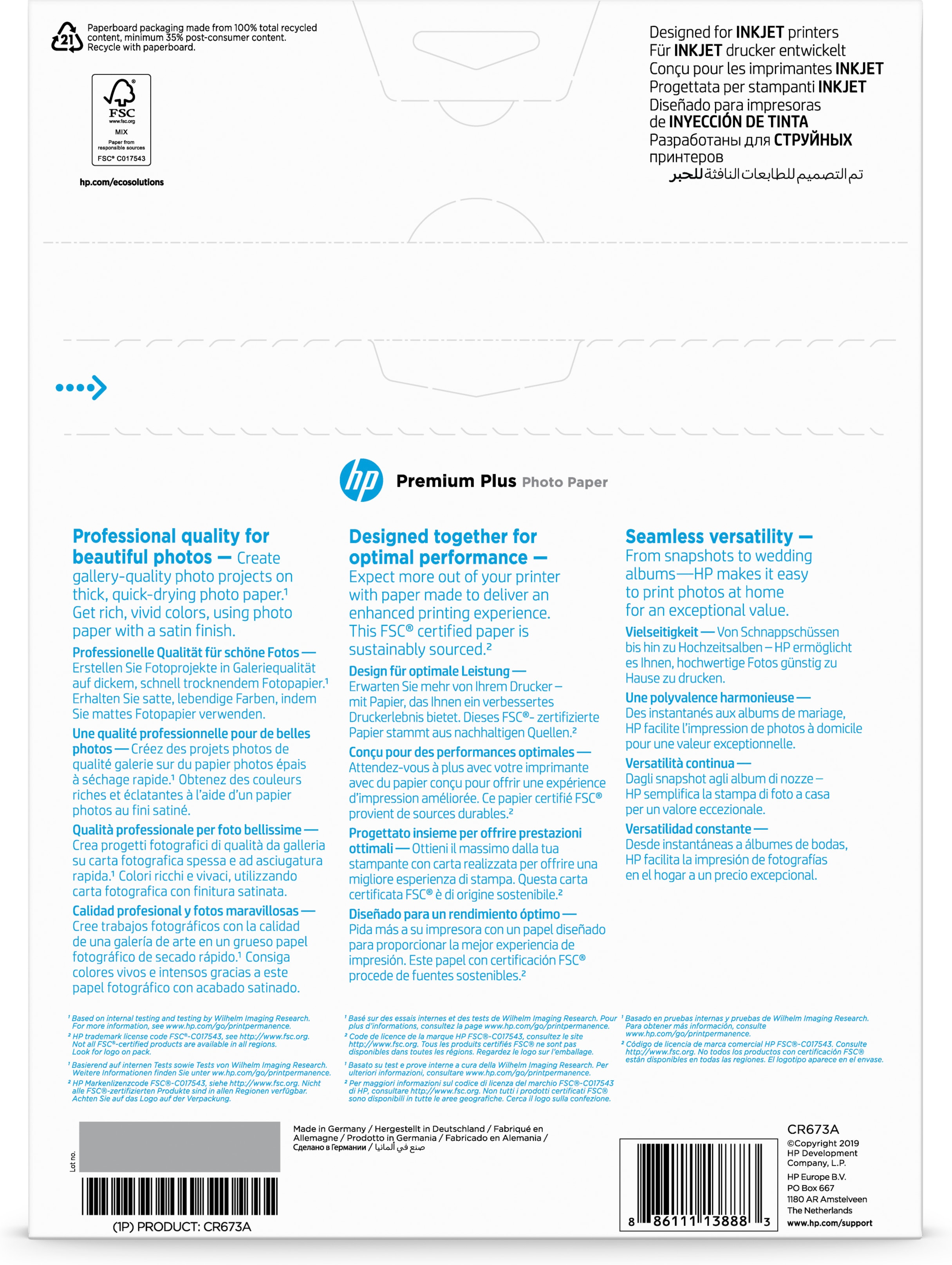 Dos de l'emballage de papier photo HP Premium Plus avec détails et texte en plusieurs langues.
