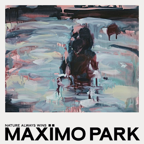 Een schilderij met donkere kleuren en tekst. Er staat 'NATURE ALWAYS WINS' en 'MAXIMO PARK' in het wit.
