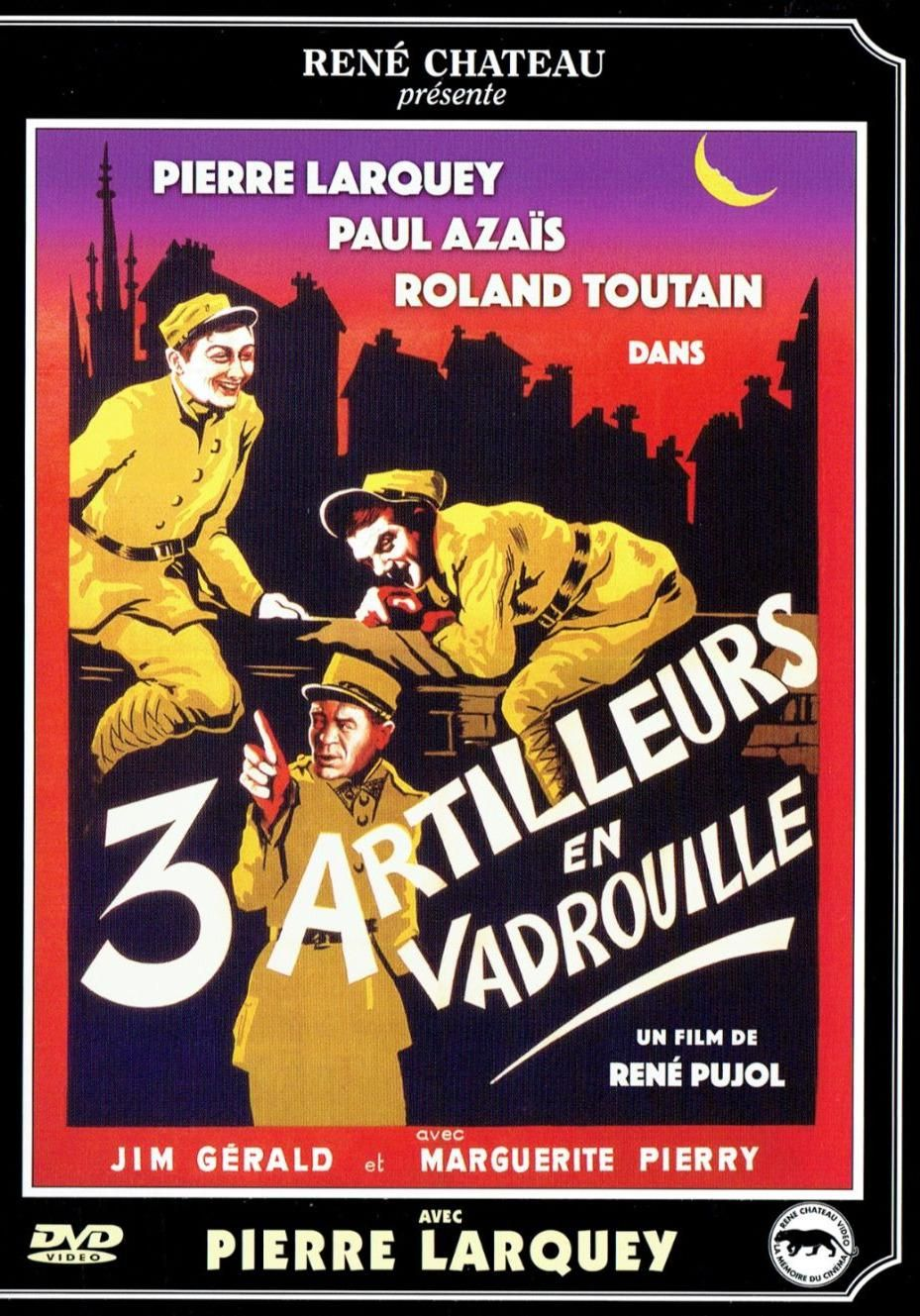 Vintage filmposter met drie soldaten in gele uniformen. Franse tekst, gebouwen op de achtergrond.