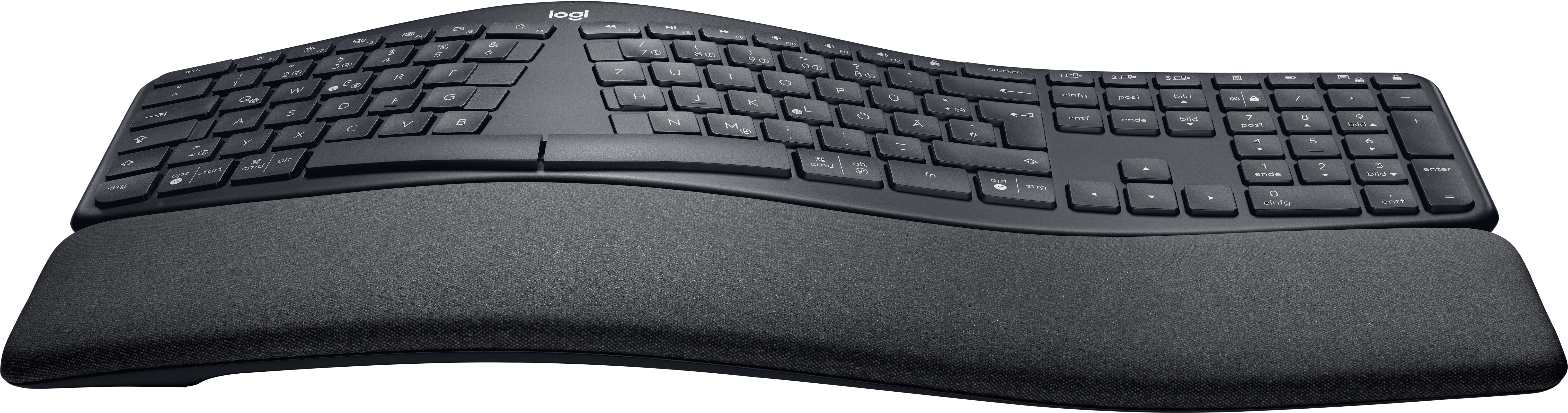 Una tastiera ergonomica nera con poggiapolsi integrato.