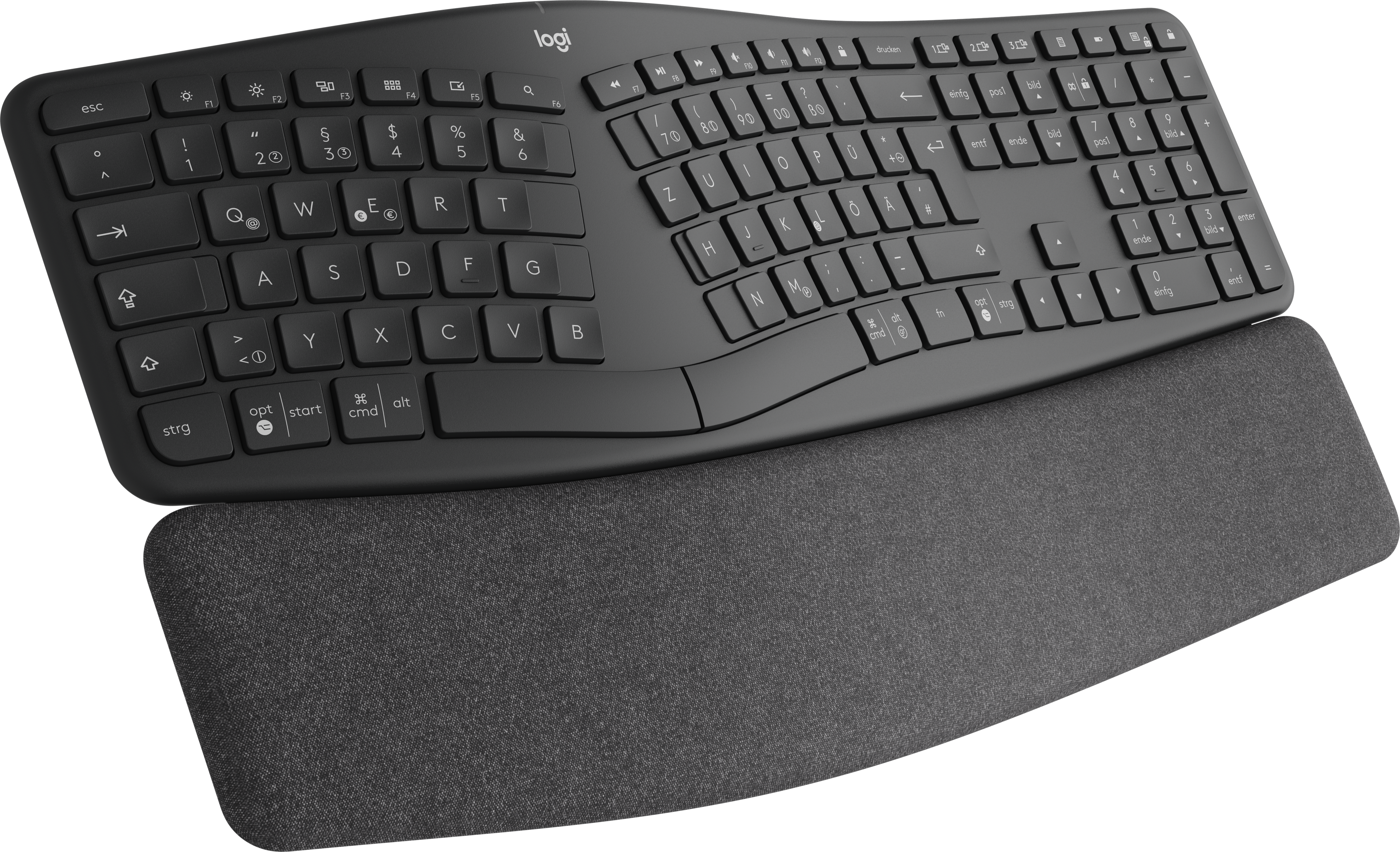 Una tastiera ergonomica Logitech nera con un poggiapolsi grigio.