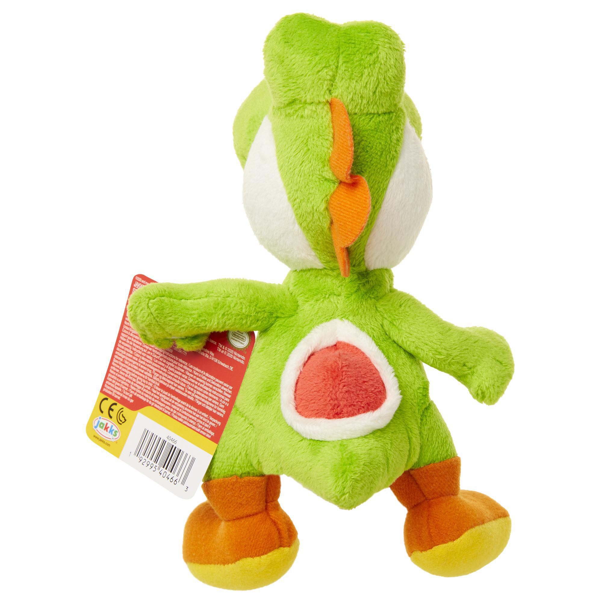 Yoshi Plüschtier, grün mit orangefarbenen Akzenten. Ein rotes Etikett ist angebracht. Rückansicht.
