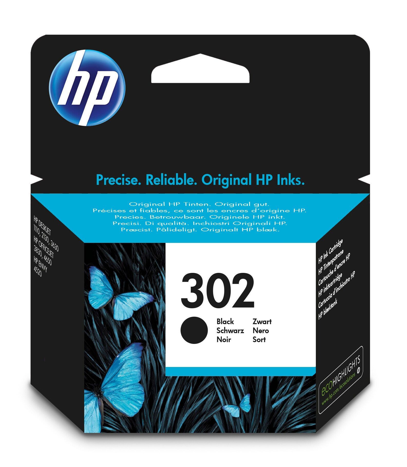 HP 302 schwarze Tintenpatrone, schwarze Tinte, Schmetterlinge und grünes Gras Design.