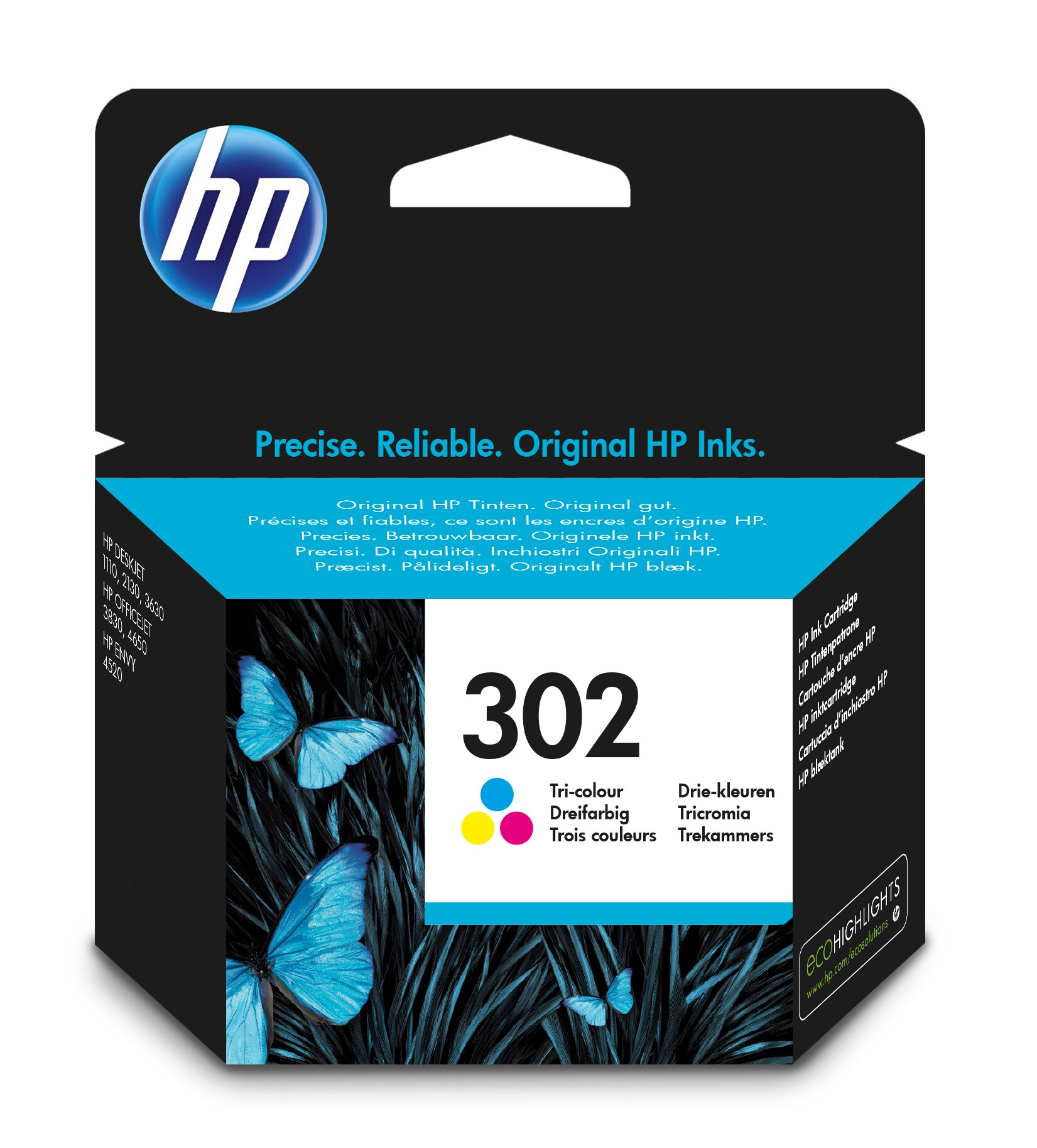 Eine Schachtel mit HP 302 Tintenpatronen. Die Schachtel ist schwarz mit blauen und gelben Tintenfarben.