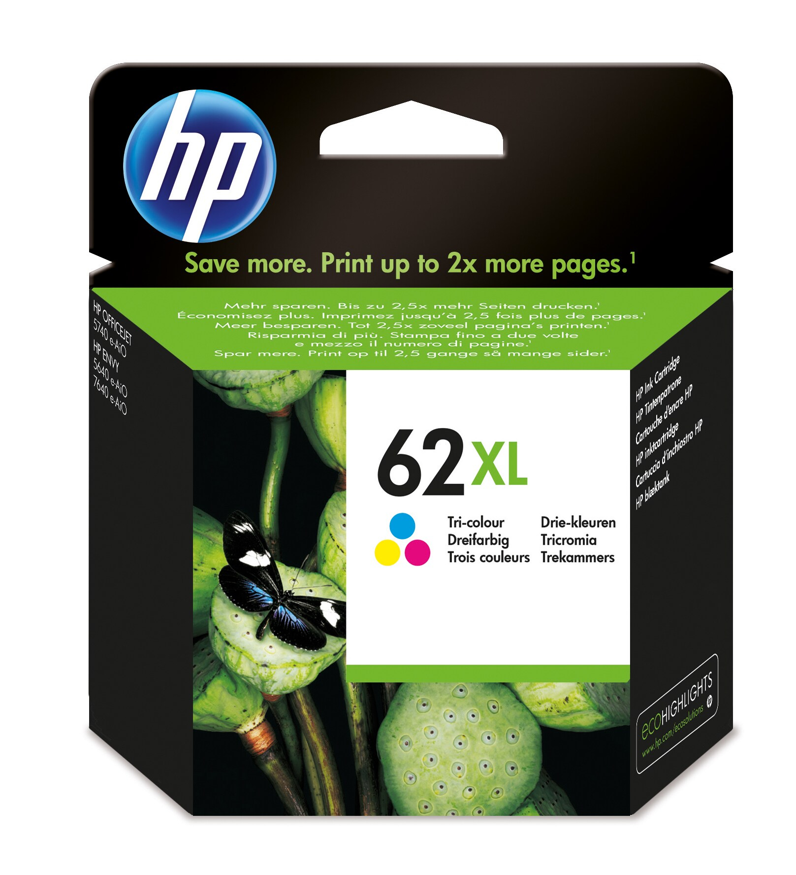HP 62XL Tintenpatronenbox, Mehrfarbentinte, mit Lotusblumen und einem Schmetterling.