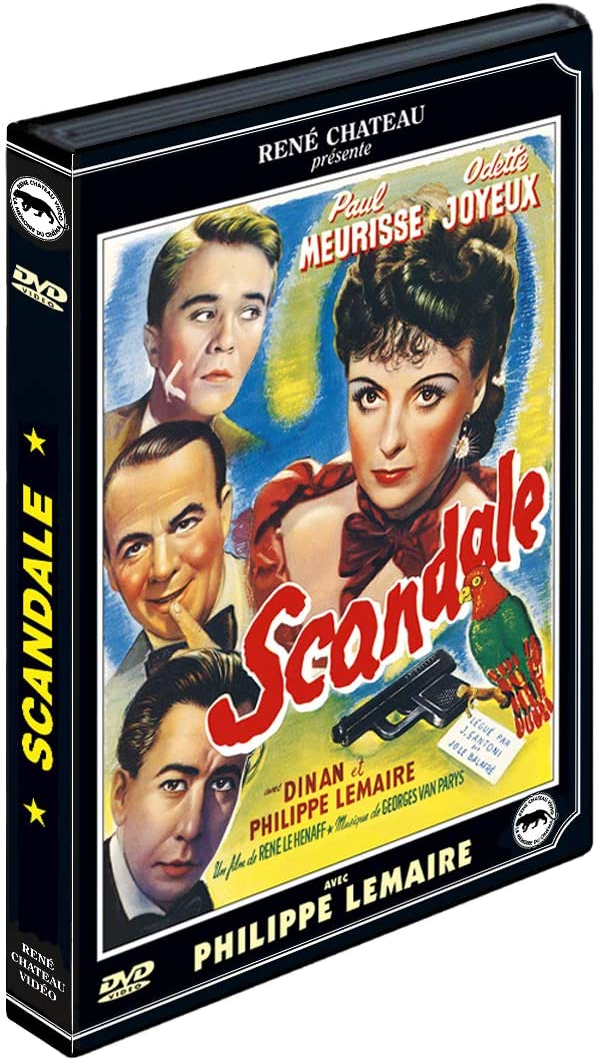 Couverture DVD : 'Scandale' avec une œuvre d'art vintage mettant en vedette des acteurs et un pistolet.