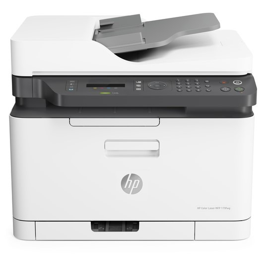 Weißer und grauer HP-Farblaserdrucker mit offenem Dokumenteneinzug.