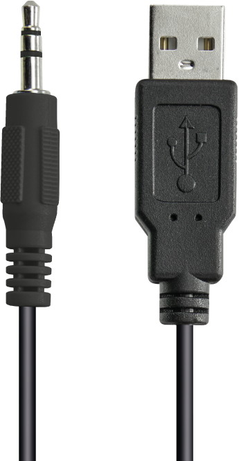 Fekete USB-kábel 3,5 mm-es audiocsatlakozóval.