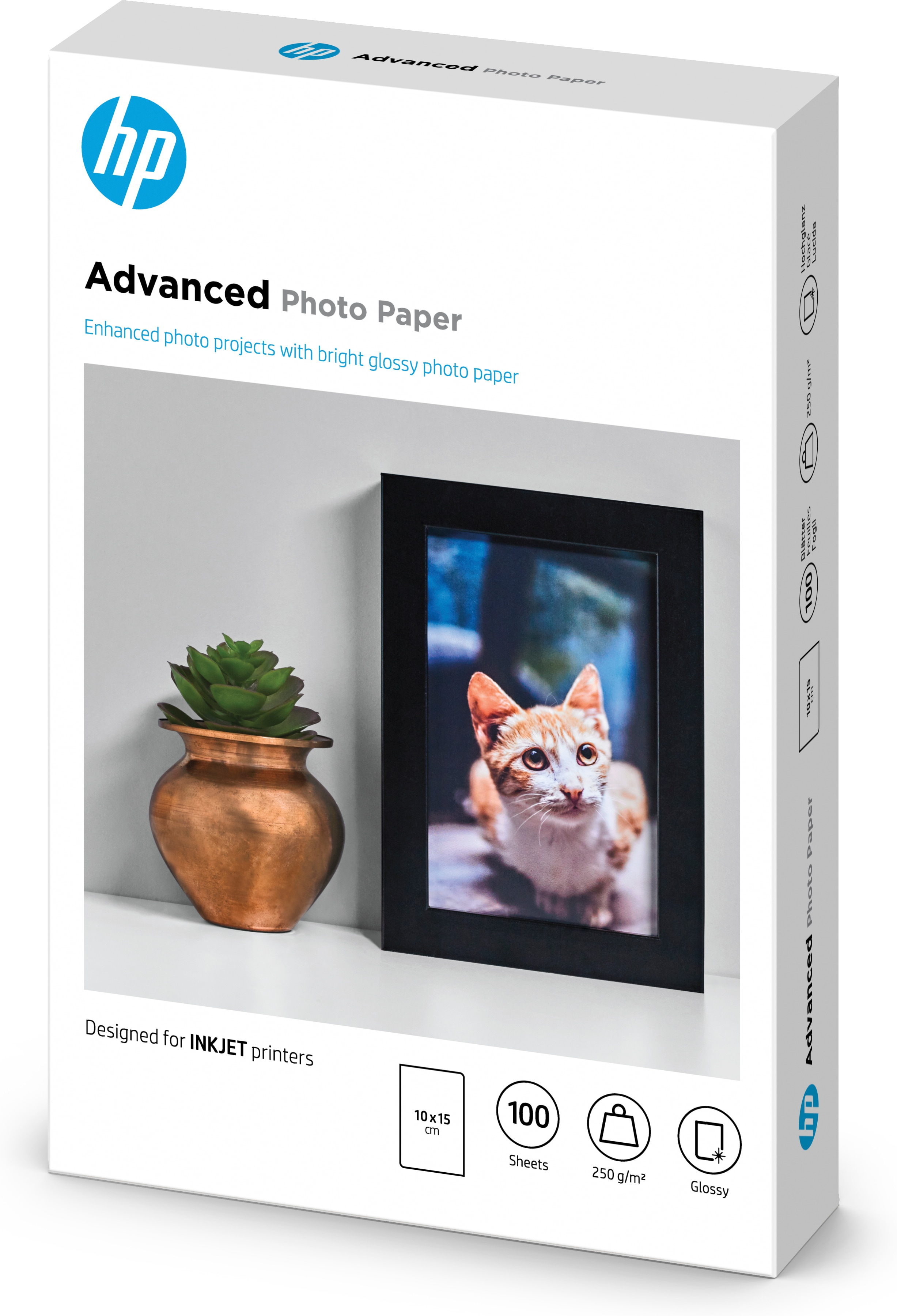 Schachtel mit HP Advanced Fotopapier mit Katzenbild, Vase und kleiner Pflanze.