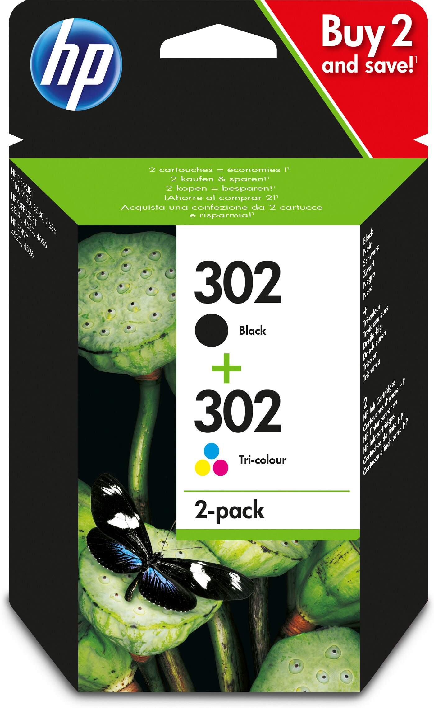 HP 302 Tintenpatronen, schwarz und dreifarbig, im 2er-Pack, mit Lotusblumen.