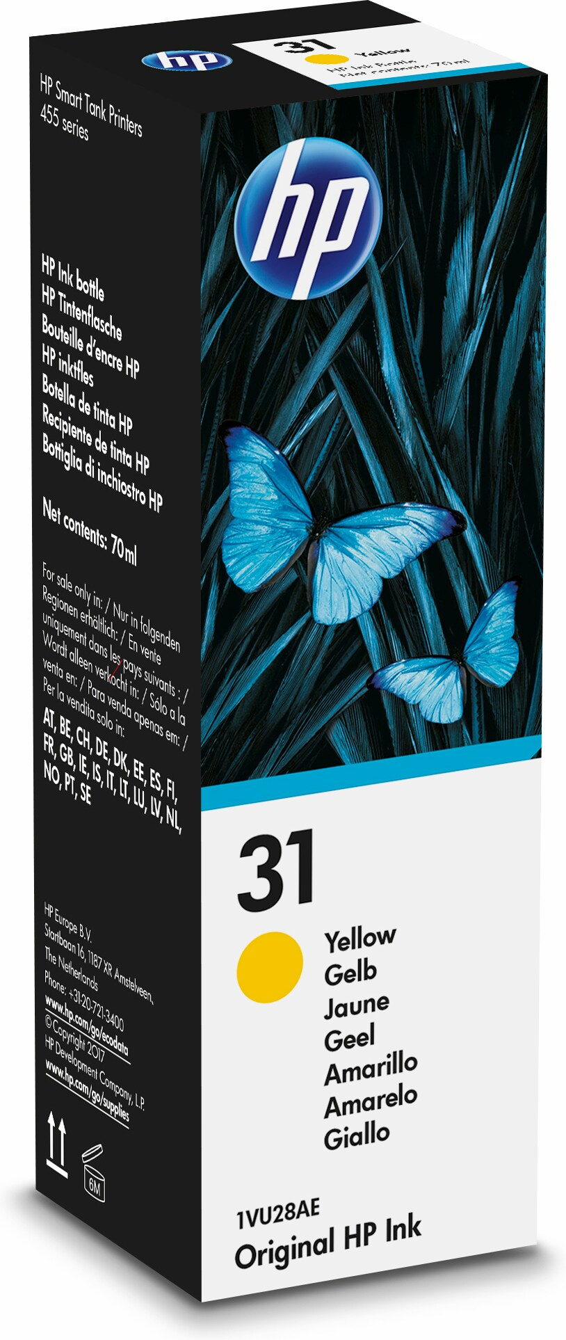HP Tintenpatronenbox mit gelber Tinte und blauem Schmetterlingsmotiv.