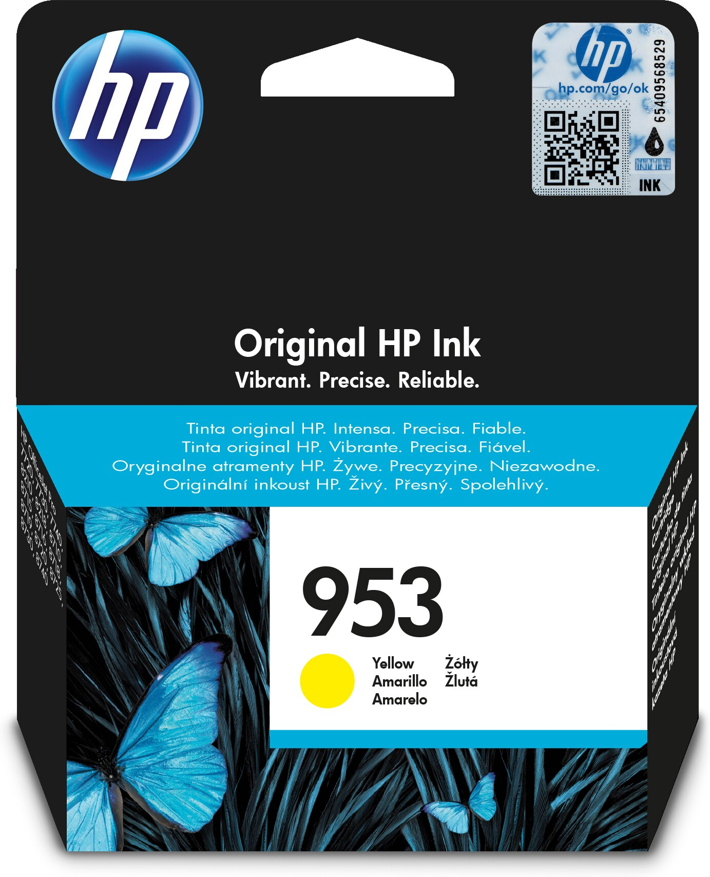 HP Tintenpatronenverpackung. Gelbe Tintenpatrone mit blauem Schmetterlingsdesign.