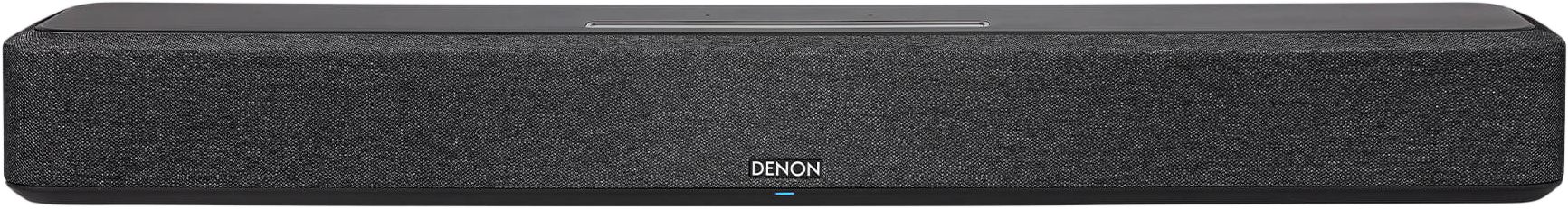 Schwarze Soundbar. Rechteckige Form. Stofffront. Denon-Logo. Dunkle Farbe.