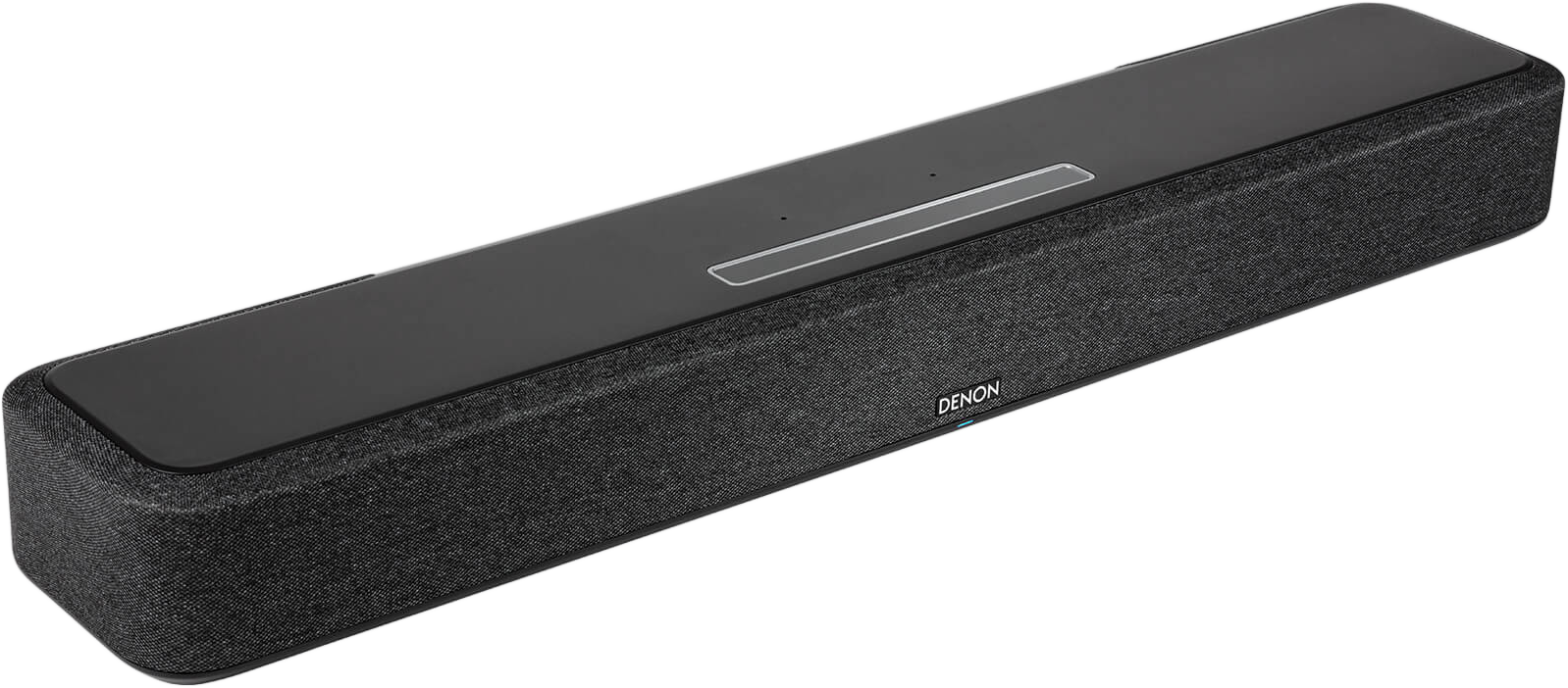 Schwarze Soundbar. Sie hat eine Stofffront und eine obere Platte. Auf weißem Hintergrund.