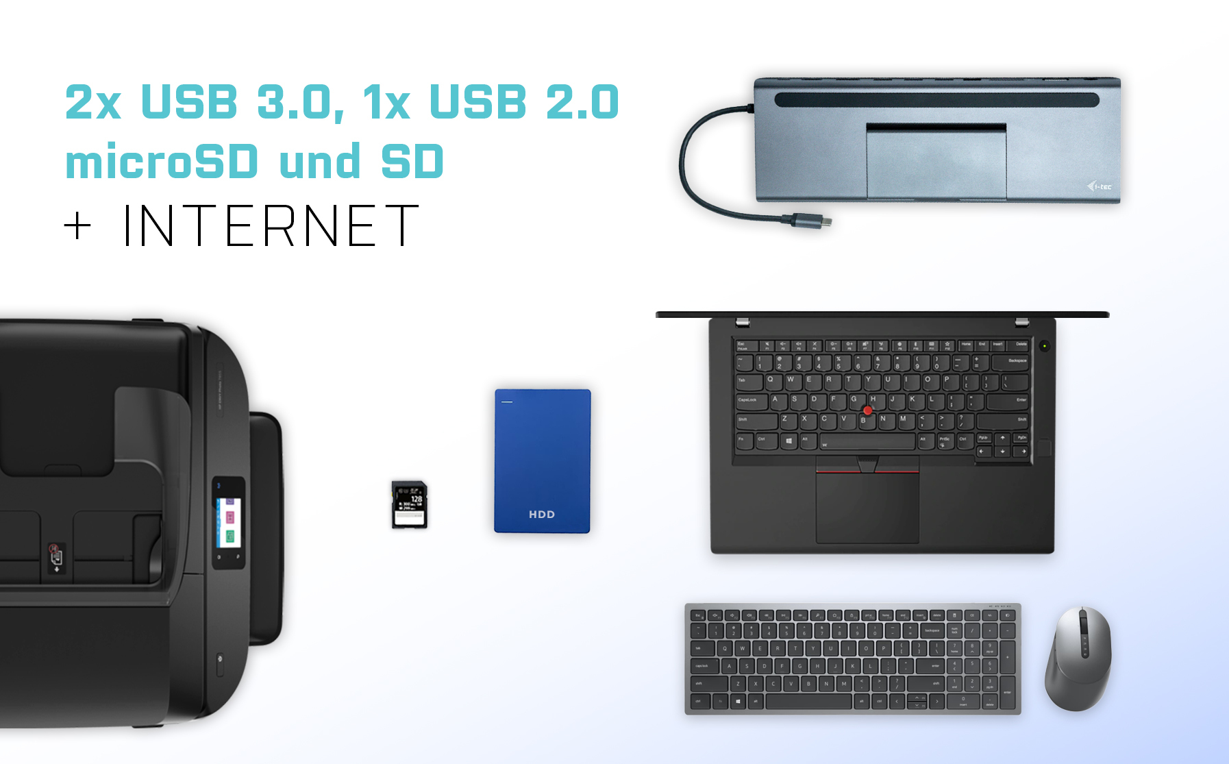 Mehrere technische Artikel auf einer Oberfläche. Beinhaltet einen Drucker, Laptop und mehr. Weißer Hintergrund.