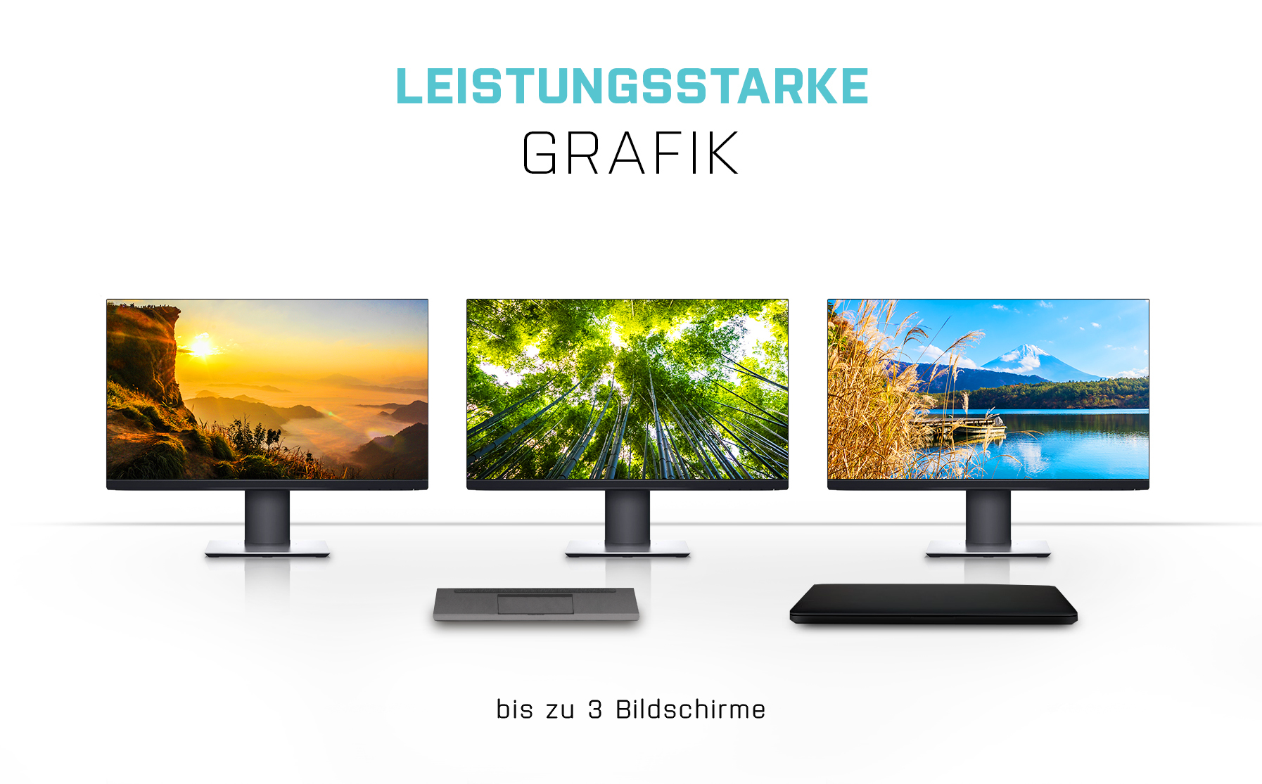 Drei Computerbildschirme mit Landschaftsbildern und einem Laptop.