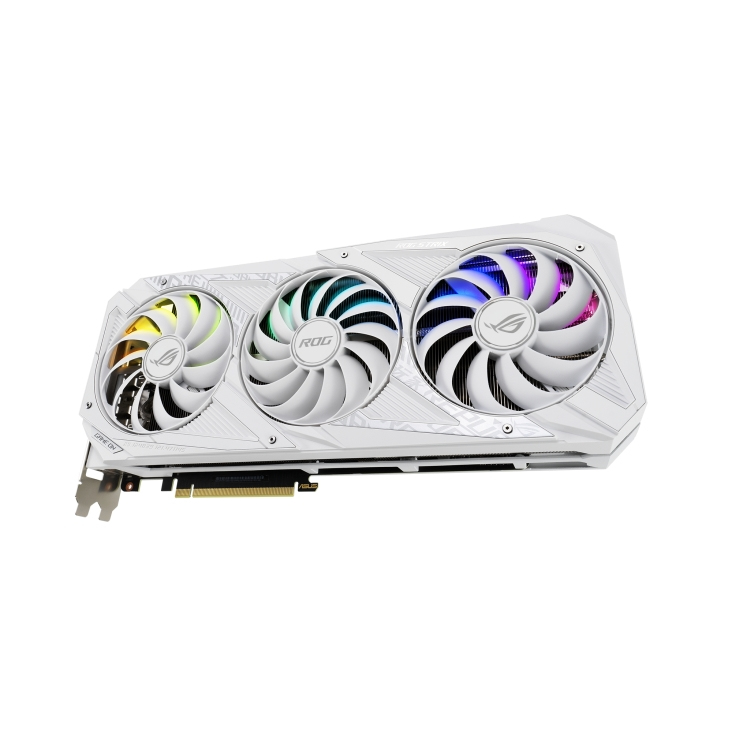 Weiße und silberne Grafikkarte mit drei Lüftern, ROG-Logo und RGB-Beleuchtung.