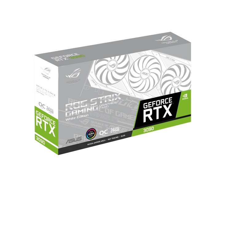 Asus ROG Strix GeForce RTX 3090 Grafikkartenbox. Weißes und graues Design, Logo und Text.