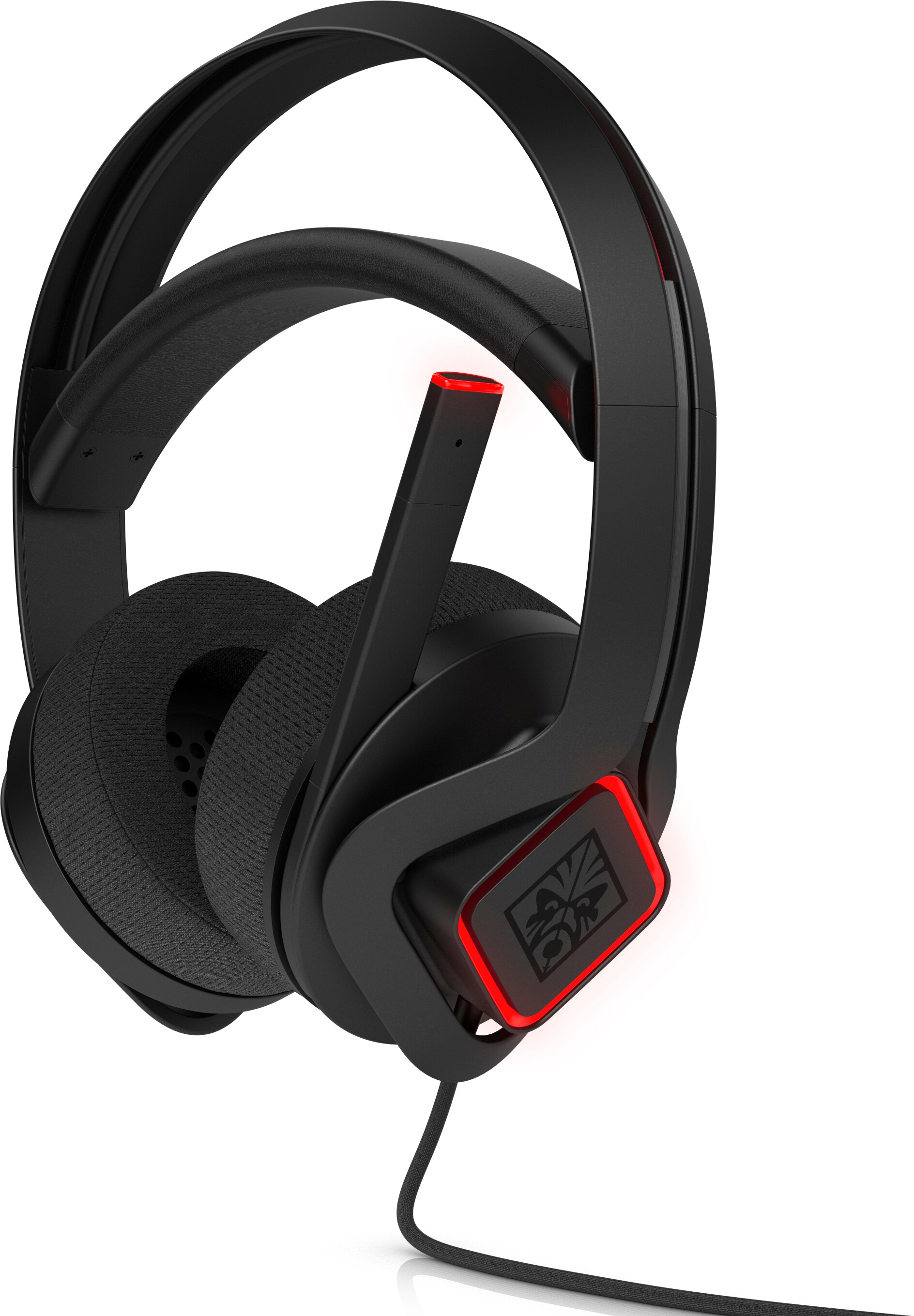 Auriculares para juegos negros y rojos con micrófono, iluminados en rojo.