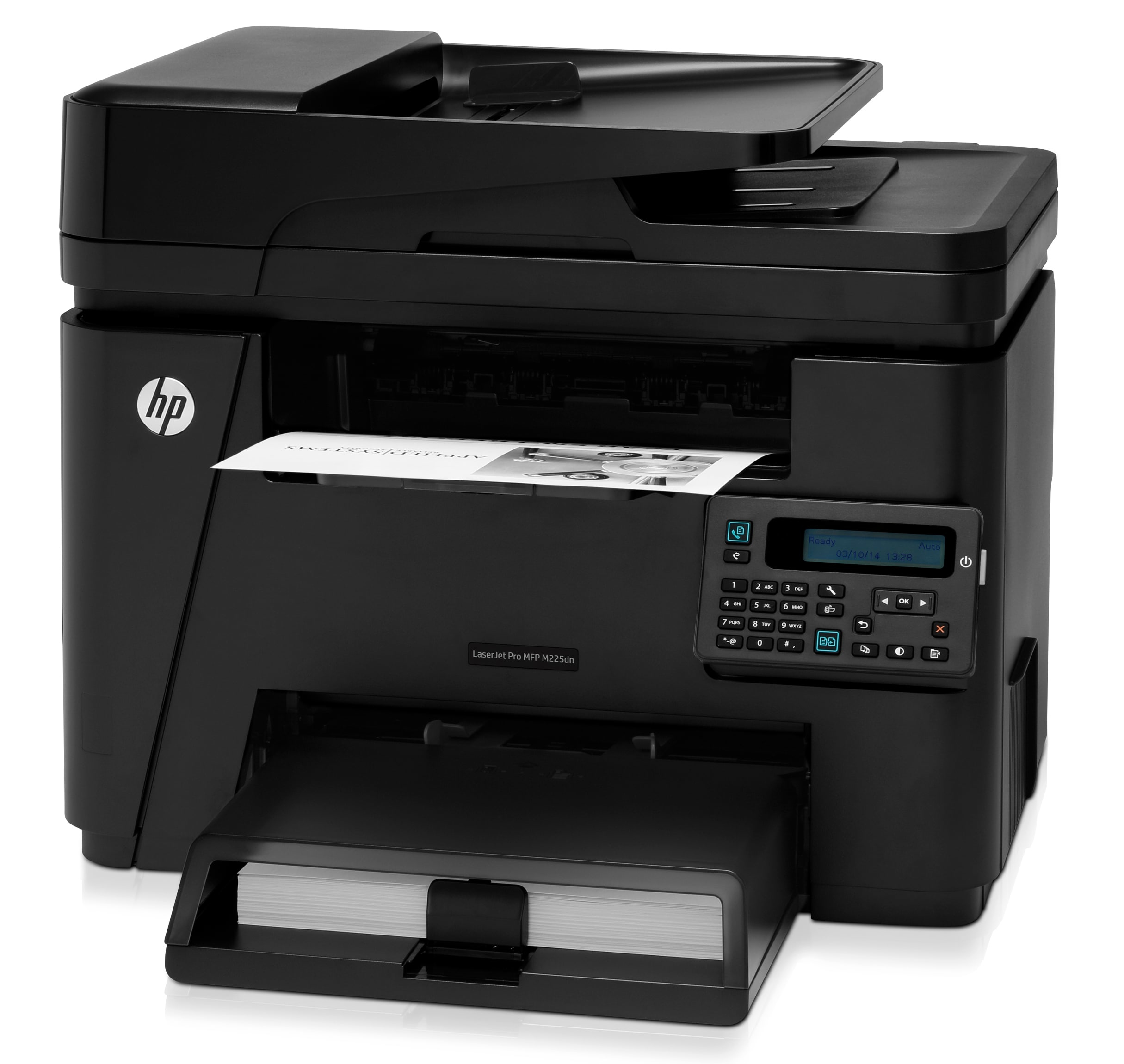 Beyaz bir yüzeyde, içinde beyaz bir kağıt bulunan siyah HP lazer yazıcı.