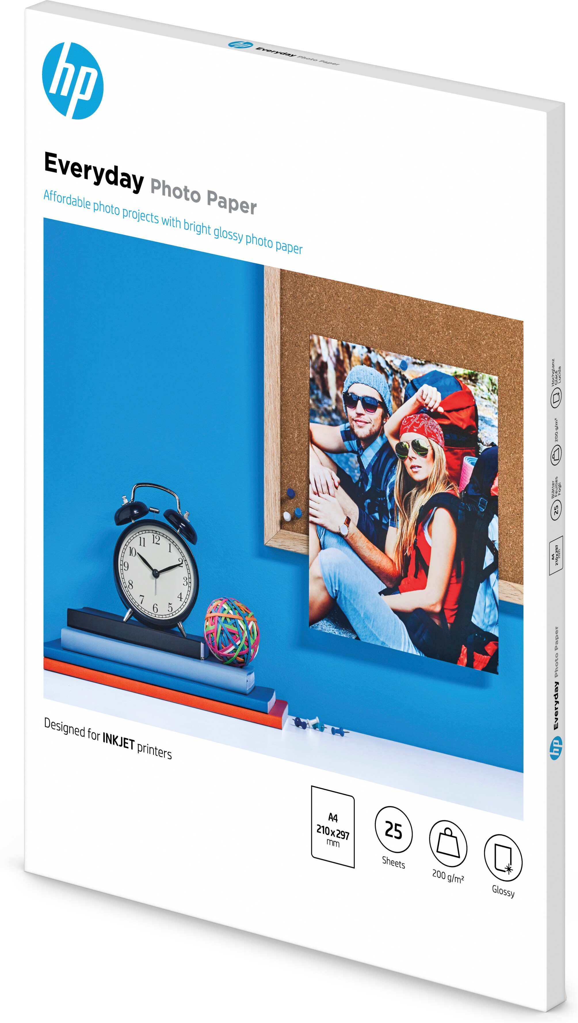 HP photo paper box with a photo of people and a blue background.