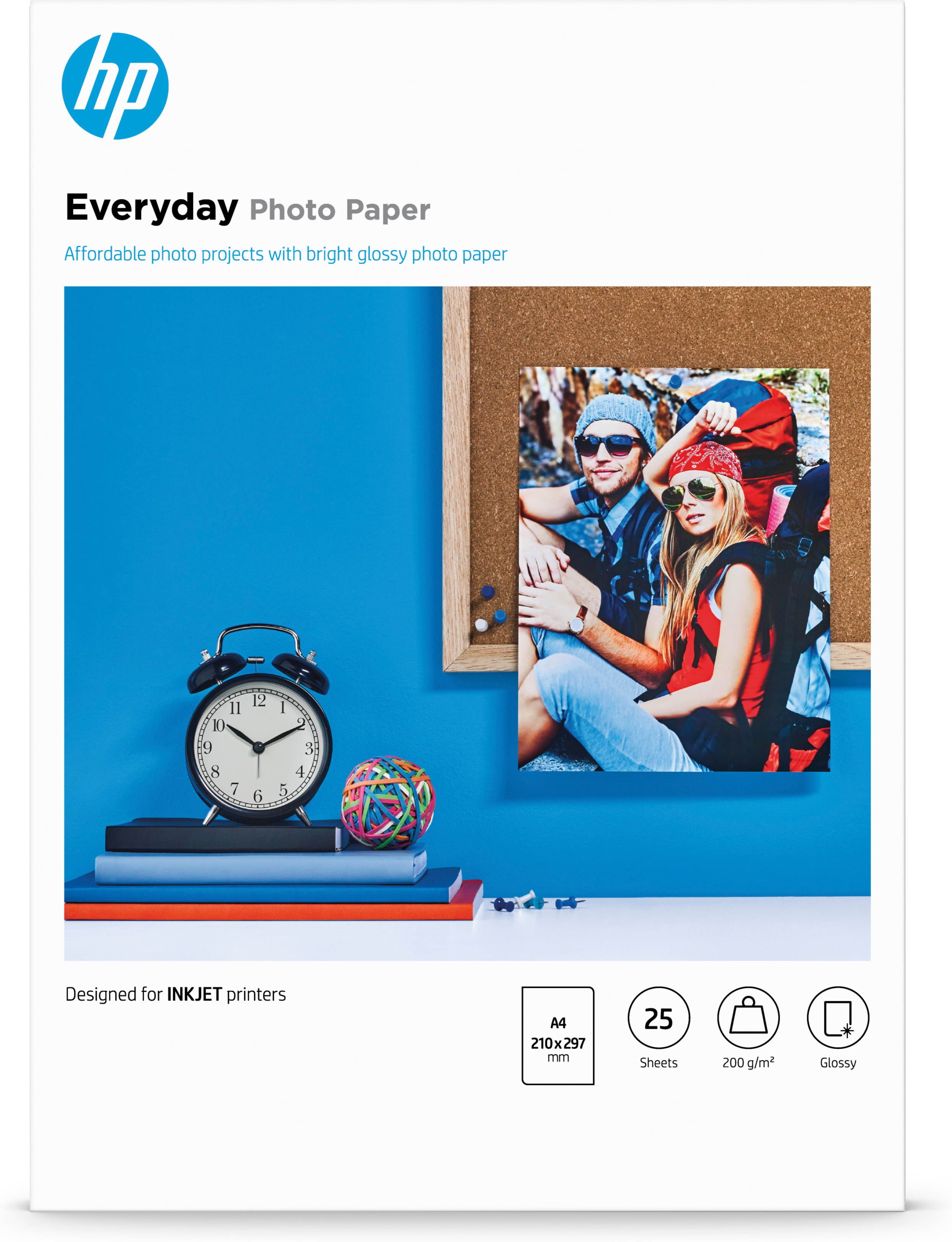 HP Everyday Photo Paper box with a photo of a couple and accessories.