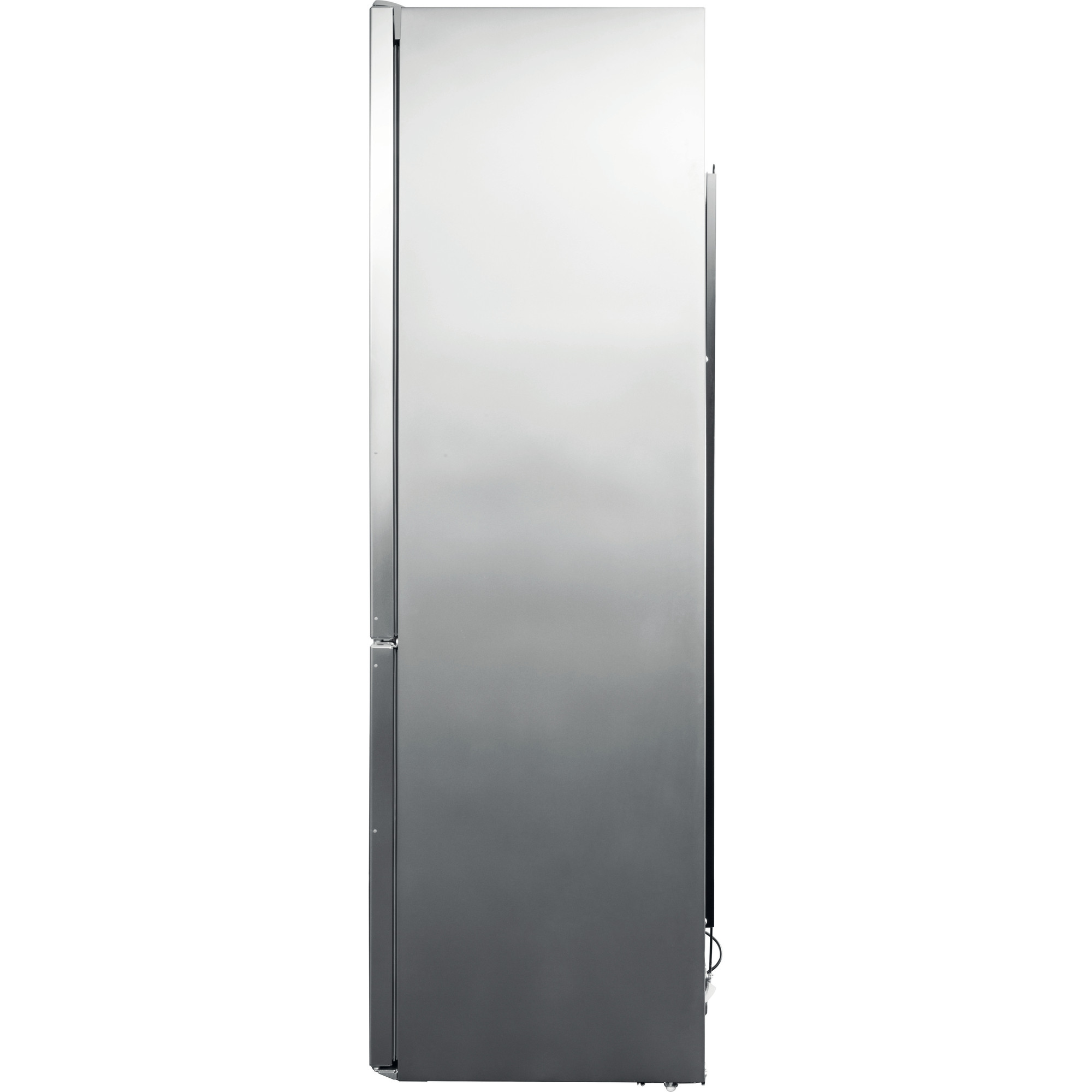 Edelstahl-Kühlschrank von der Seite, mit einem Griff.