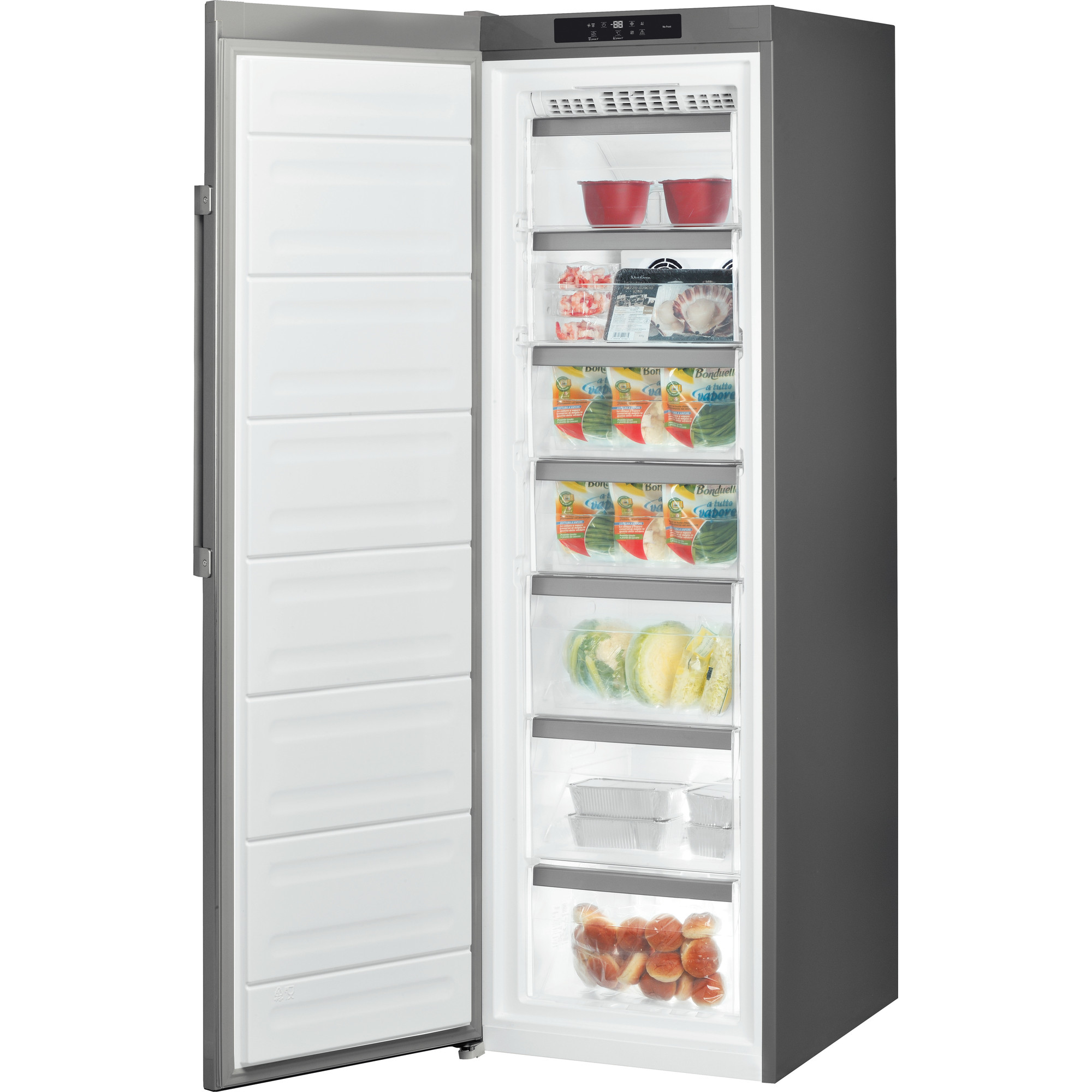 Ein Gefrierschrank, geöffnet, zeigt Regale mit Tiefkühlkost.