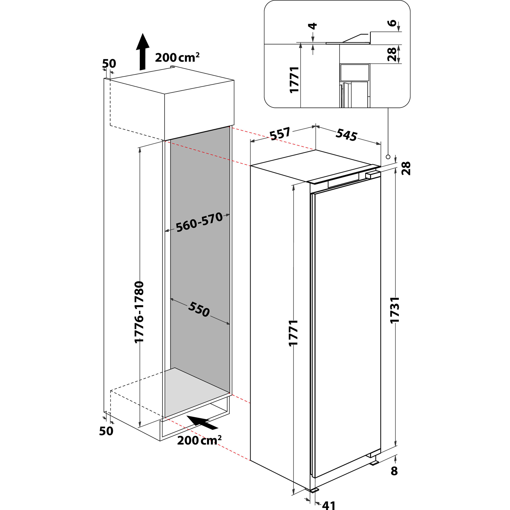 BAUKNECHT KSI 18GF2 P0 Einbaukühlschrank (292 l, F, 1771 mm hoch, Weiß)
